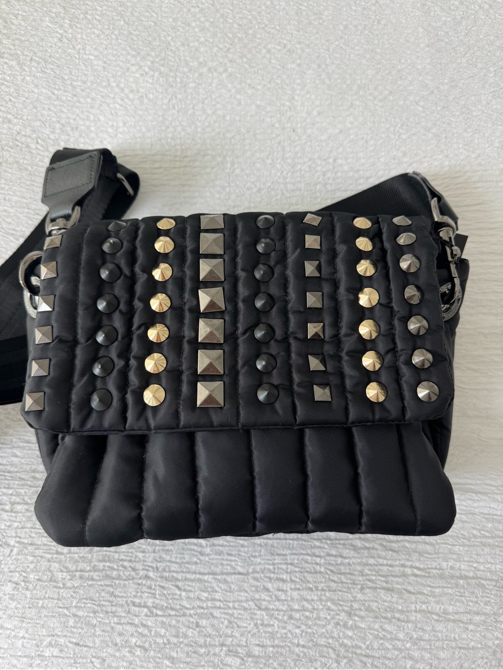 THINK ROYLN Black Flight Nylon Crossbody with Mixed Metal Studs NWT